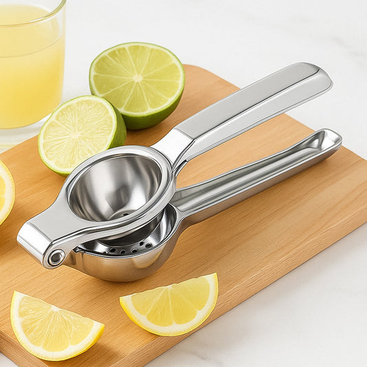Close-up of the robust stainless steel lemon squeezer with its ergonomic handles.